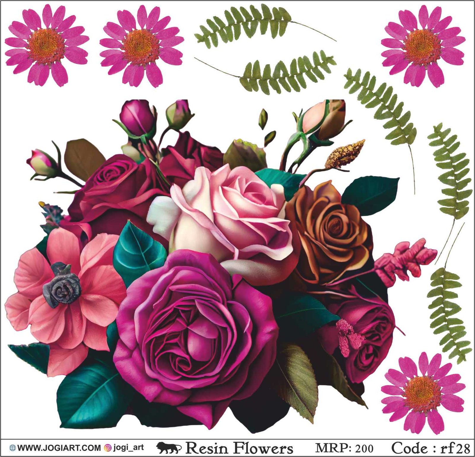 "Jogi Art Resin Flower Sticker Sheet - Waterproof, Fade-Resistant, Ideal for Resin Art, Jewelry Making, Scrapbooking & DIY Craft Projects"