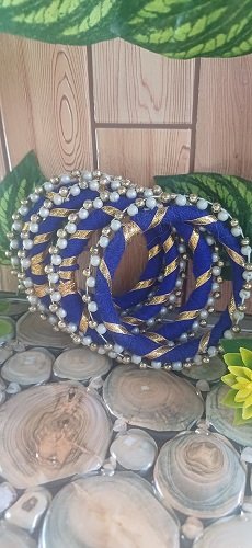 Handmade Coloured Gota bangles Round with beads - Blue color - Set Of 5
