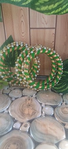 Handmade Coloured Gota bangles Round with beads - Green color - Set Of 5