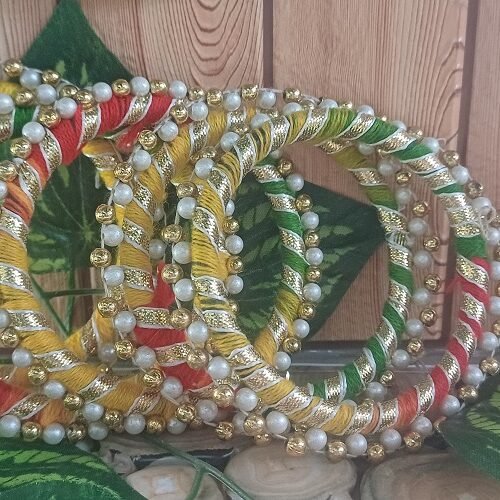 Handmade Coloured Gota bangles Round with beads - Multicolor - Set Of 5