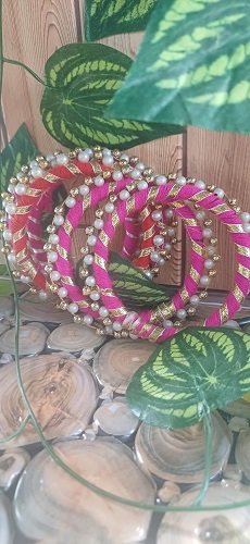 Handmade Coloured Gota bangles Round with beads - Pink color - Set Of 5