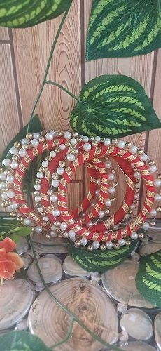 Handmade Coloured Gota bangles Round with beads - Red color - Set Of 5