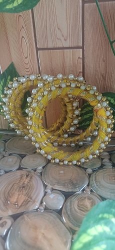 Handmade Coloured Gota bangles Round with beads - Yellow color - Set Of 5