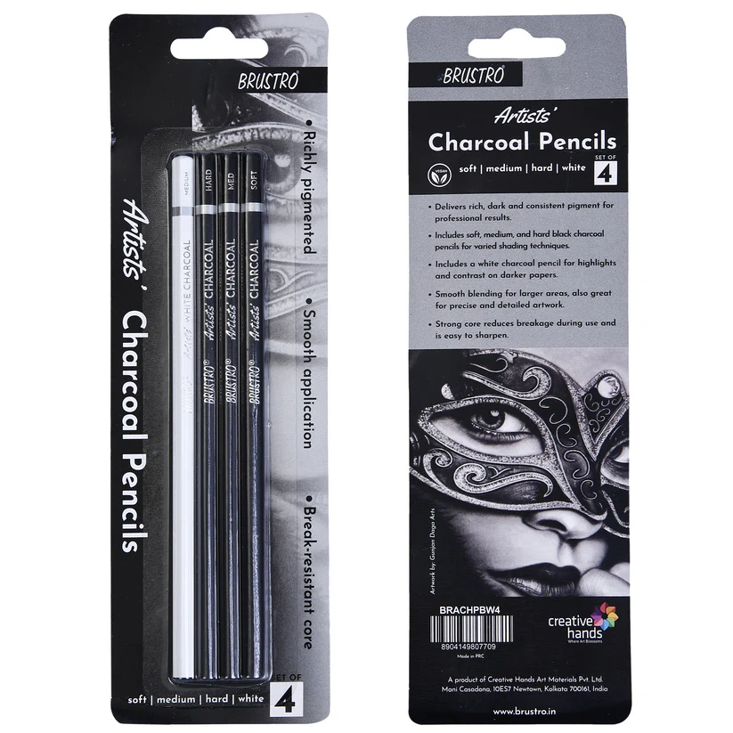 BRUSTRO Artists Charcoal Pencil - Set of 4 (3 Black Shade - Soft, Medium, Hard and 1 White - Medium)