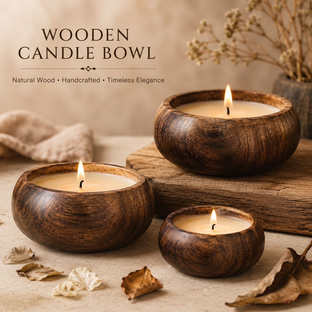 Urli(Round Curved) Wooden Candle Holder/Container 6 Inch - Image 3